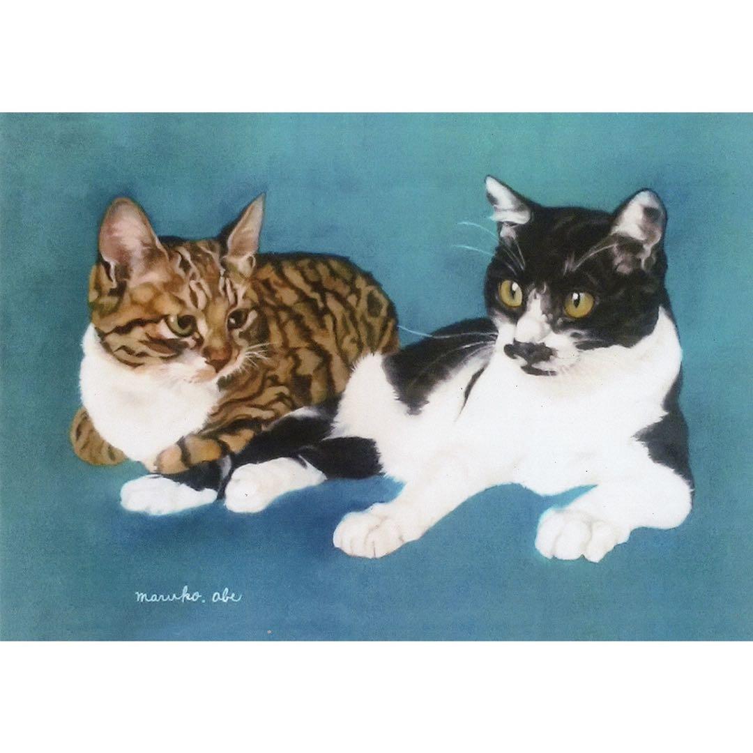 原画「寝床の二匹」《＋猫イラスト３枚無料プレゼント》猫イラスト