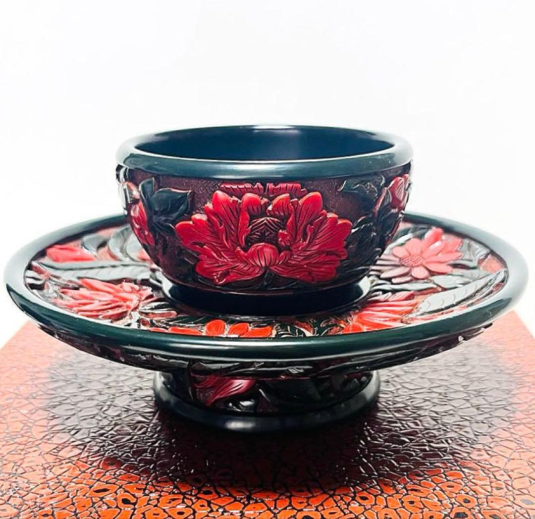 村上堆朱 天目台 菊牡丹唐花文 共箱付 茶道具 漆器 美品