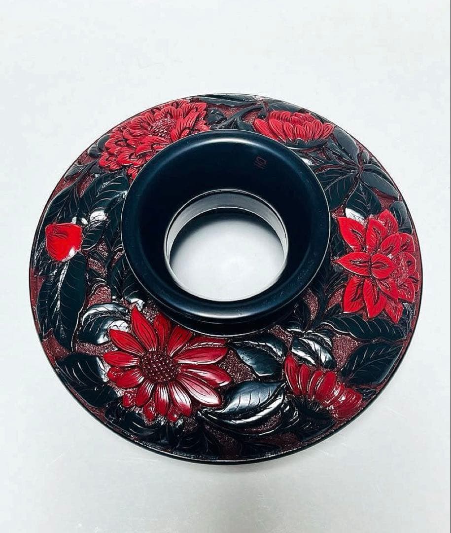 村上堆朱 天目台 菊牡丹唐花文 共箱付 茶道具 漆器 美品