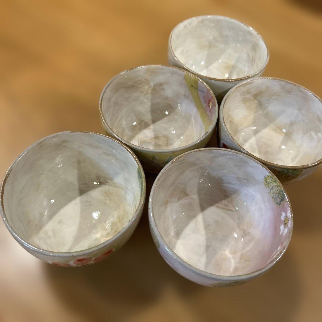 作家物　白掛五草花 飯碗5個　清水焼 京焼