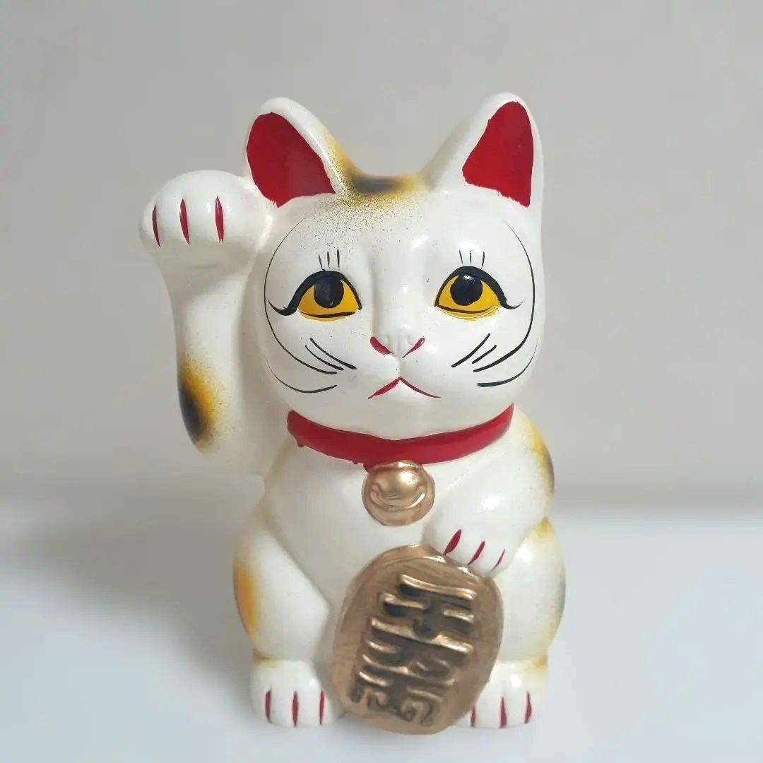 135瀬戸焼 元祖まねき猫 約15cm 三毛 右手上 上目遣い 昭和 陶器 元箱