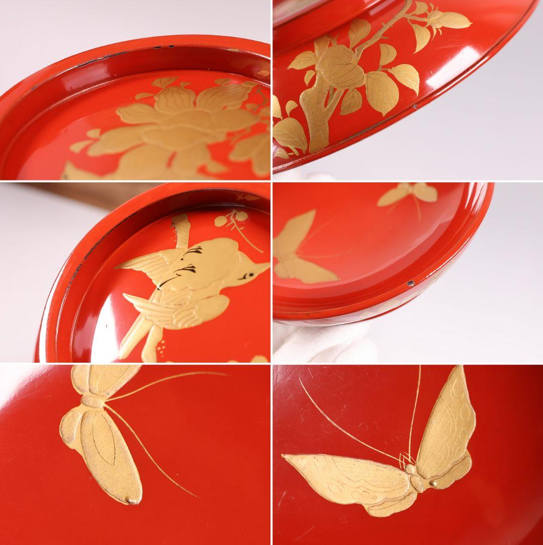 【MB282】天然木漆塗 花鳥絵変わり金蒔絵 蓋裏蝶 朱塗椀 十客 明治大正
