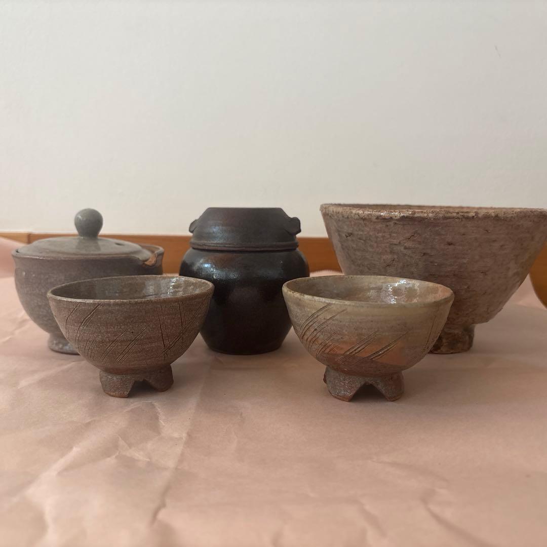 陶器5点セット お椀 壺 湯のみ おちょこ お皿 骨董 急須 お皿 茶碗