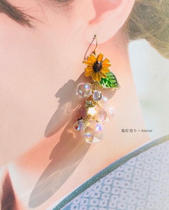 向日葵と蓄光風鈴の和風ピアス　イヤリング(初夏コーデ3点セット)