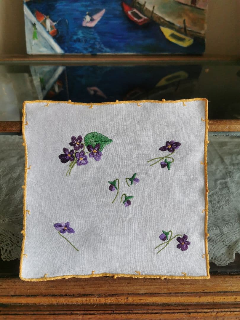 アンティーク フランス ３色菫 ヴィオラトリコロール刺繍 リネンクロス ハンカチ