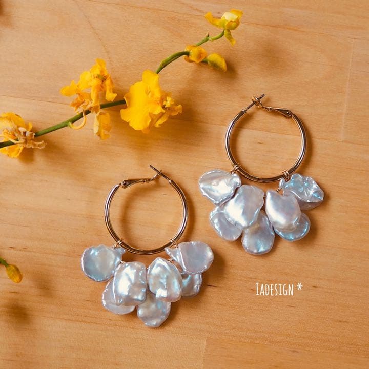 278★花びらケシパール(淡水パール)のペタルフープピアス