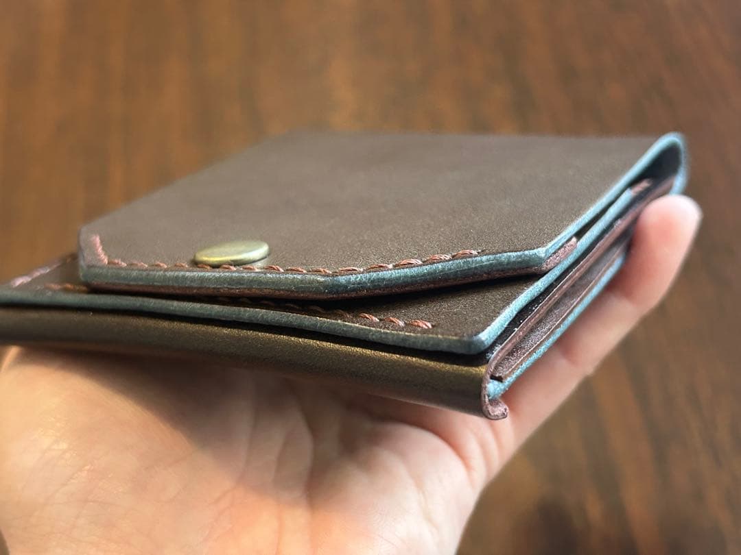本革 ミニ財布 コンパクト財布 ハンドメイド レザー 手縫い 二つ折り　財布