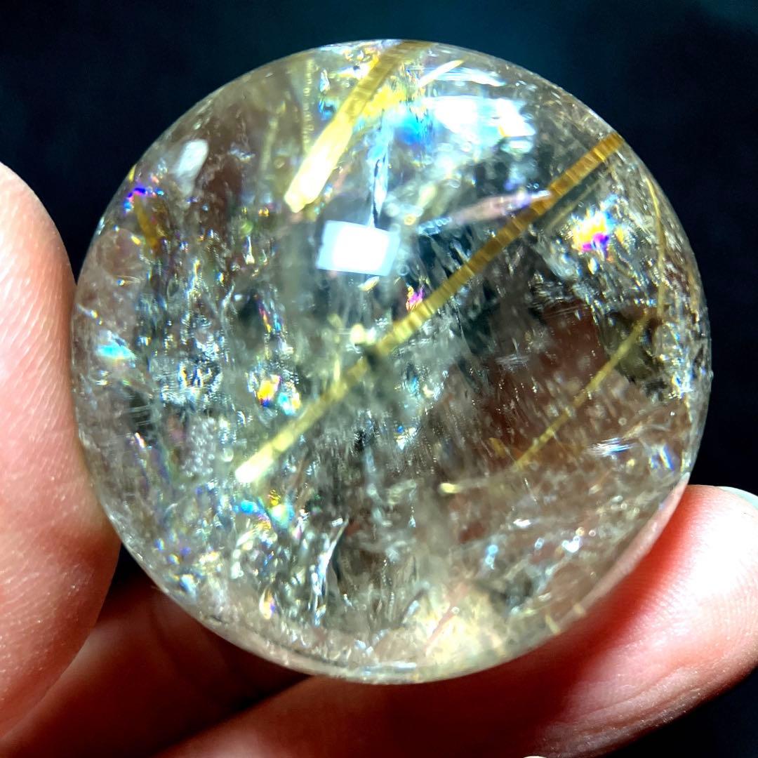 超絶綺麗✨36mm 虹入りゴールドタイチンルチルクォーツ　丸玉　スフィア