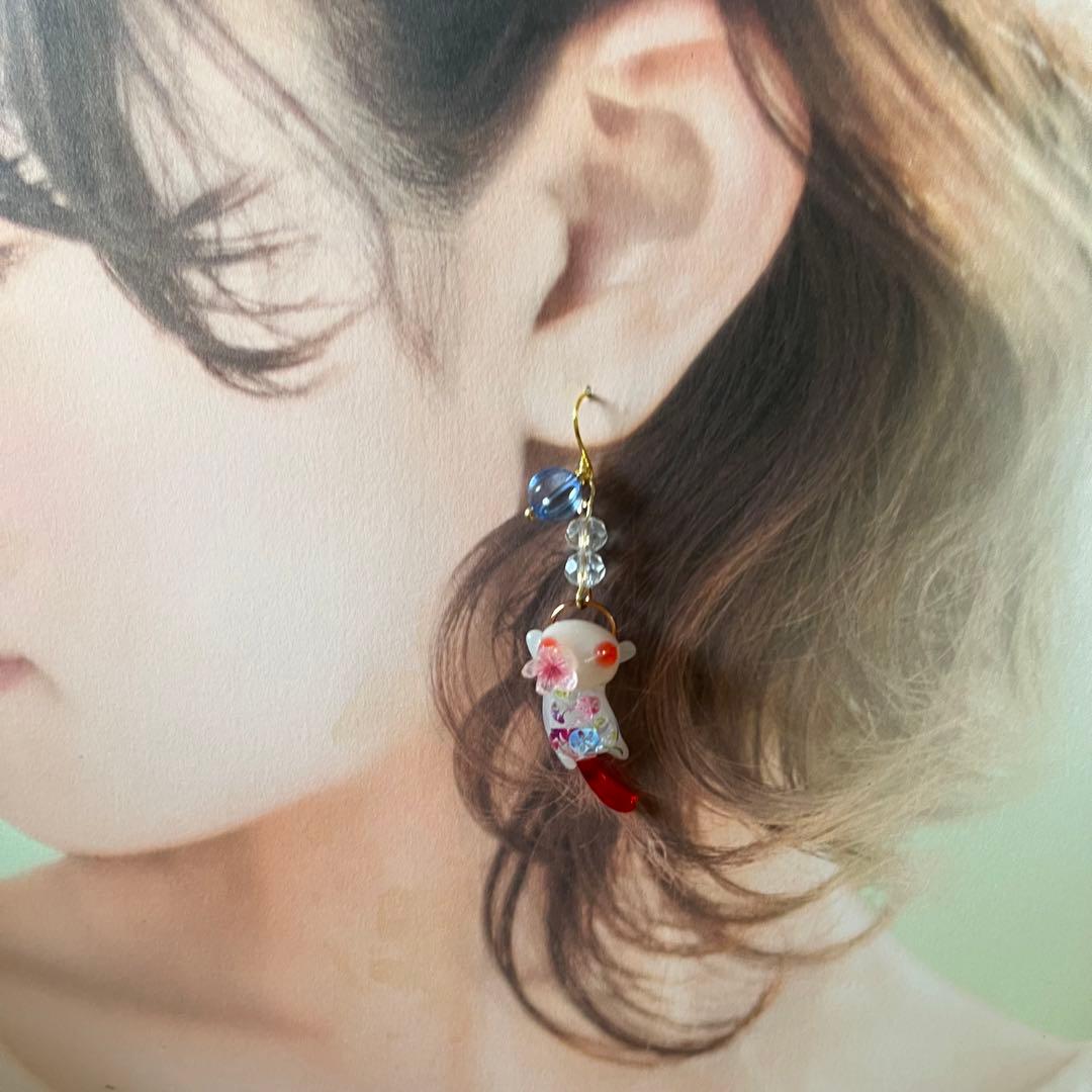 ฅ❤️ ねこ　猫　梅結び　レジン　花　朝顔　ヨーヨー　夏　ピアス　イヤリング