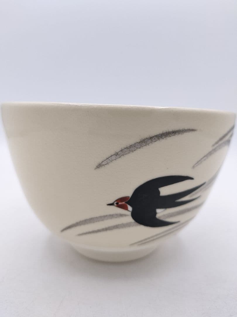 d128【新品・未使用】茶碗 色絵 ツバメ 加藤起楽 紙箱 茶道具