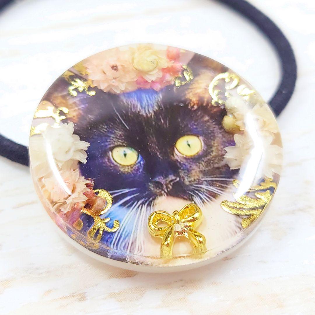 リボンとドライフラワー猫ちゃんのヘアゴム ハンドメイド レジン ネックレス 丸