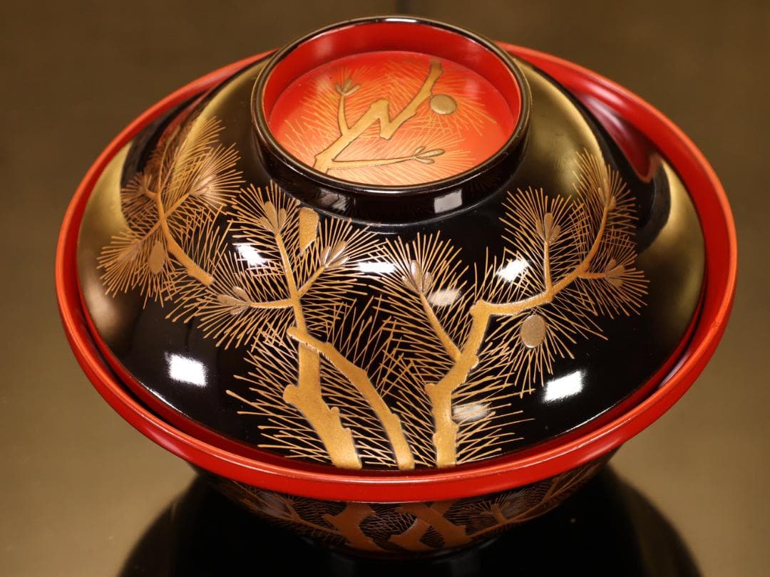 BK508　時代輪島塗　松葉蒔絵　吸物椀　五客　木製　茶道具 懐石 菓子