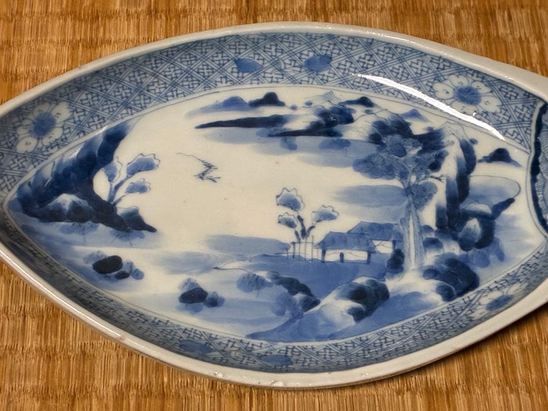 古伊万里 染付 山水 風景紋 舟形皿