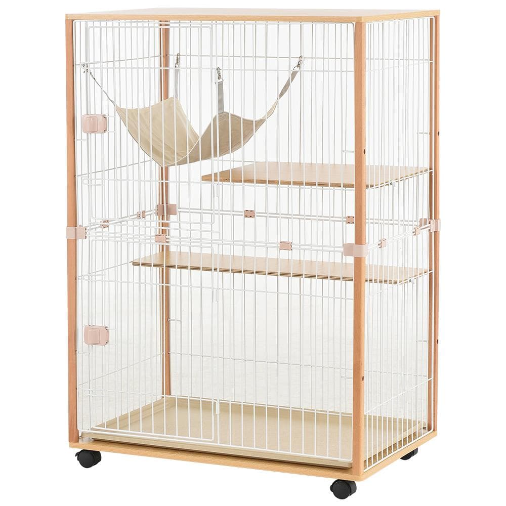 【新品】木製×スチール二段キャットケージ 多頭飼い対応 脱走防止