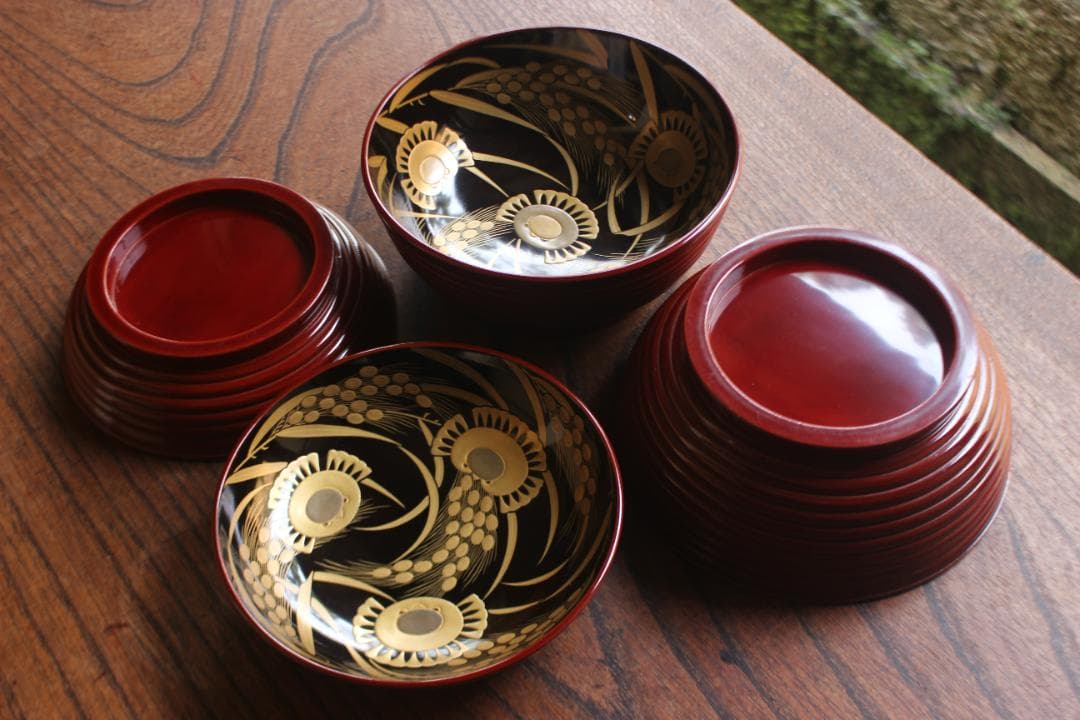 保管小傷のみ！深みある糸目紅溜塗に極上稲穂福来雀蒔絵のお椀2点（検輪島塗雑煮椀