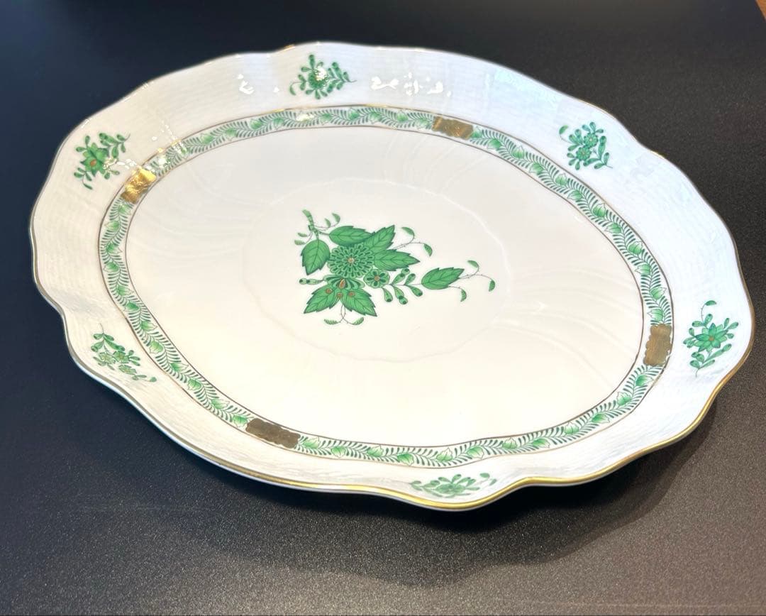 ヘレンド アポニー グリーン オーバルプレート 箱付き　26cm