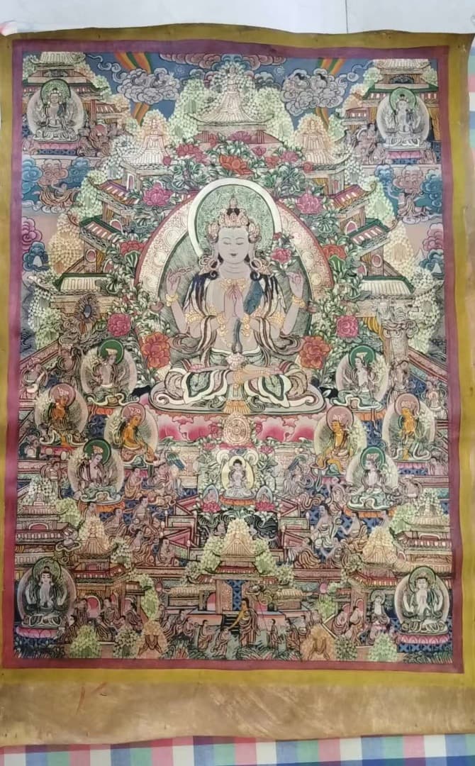 観音菩薩の仏教絵画 手書きタンカ 裏面真言入り 仏画 チベットタンカ　本革