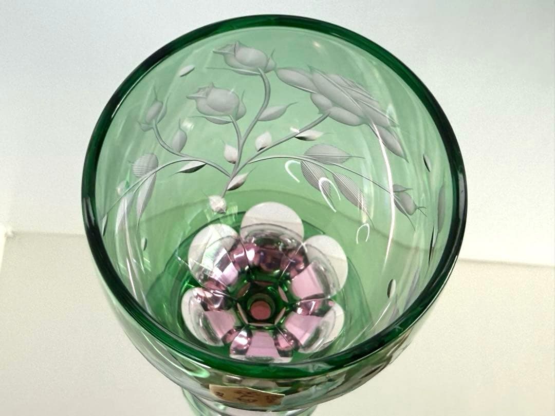 新品未使用 江戸切子 硝子工房 彩鳳 足付ビール杯 薔薇 撫子文様 ペアグラス