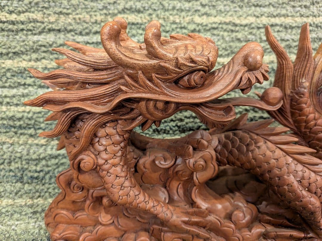 お買い得！1719木製一刀彫り双龍向かい置物A15、 中国製木彫双龍置物、