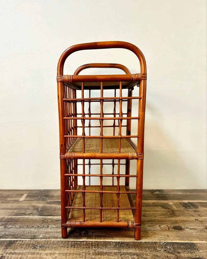 昭和中期 籐 ラタン 3段 ラック シェルフ 収納棚 古家具 古道具1950〜