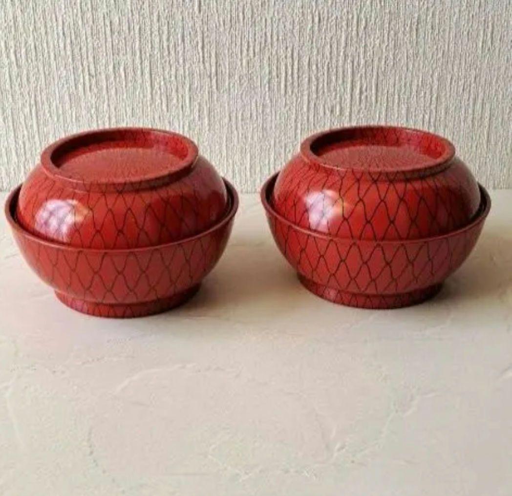 時代物　朱漆塗網絵　A-1　蓋付き椀　2客　菓子椀　骨董品　茶道