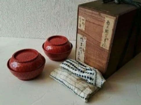 時代物　朱漆塗網絵　A-1　蓋付き椀　2客　菓子椀　骨董品　茶道