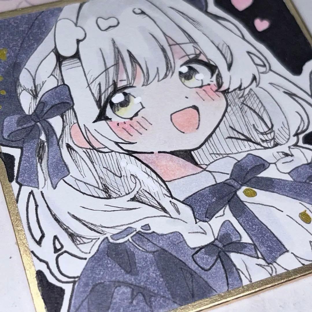 Y*i様 手描き イラスト オリジナル アナログ 色紙 女の子 ロング ボブ 三