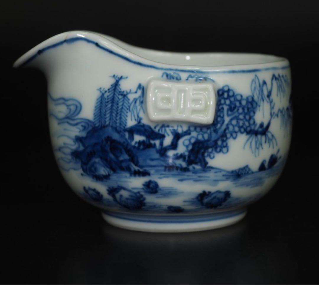 送料無料　時代物　山水・高士図　手描き青華/青花湯冷まし　在銘