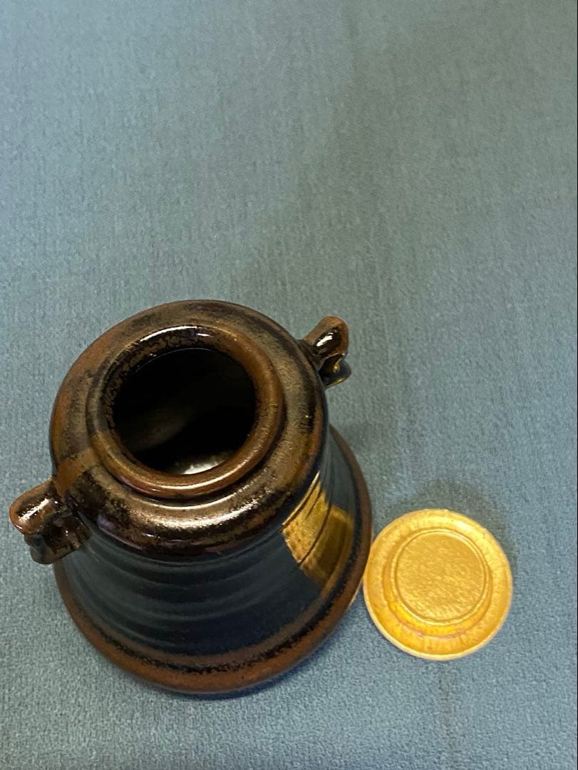 茶道具/写耳付茶入 山口錠鉄 西陣織 共箱