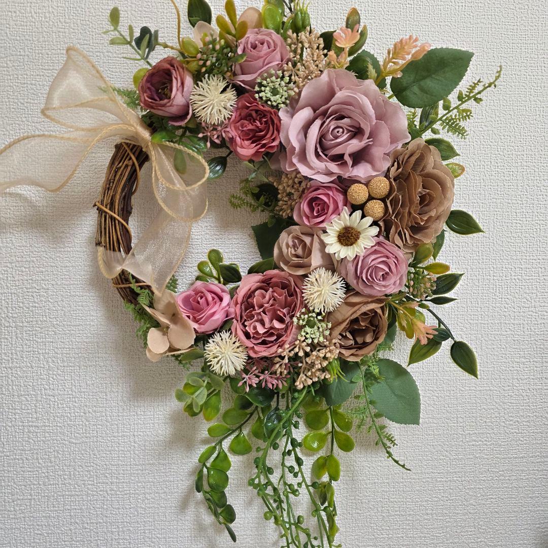フラワーリース 晩秋9 咲き誇る花たち 玄関リース 造花 くすみカラー