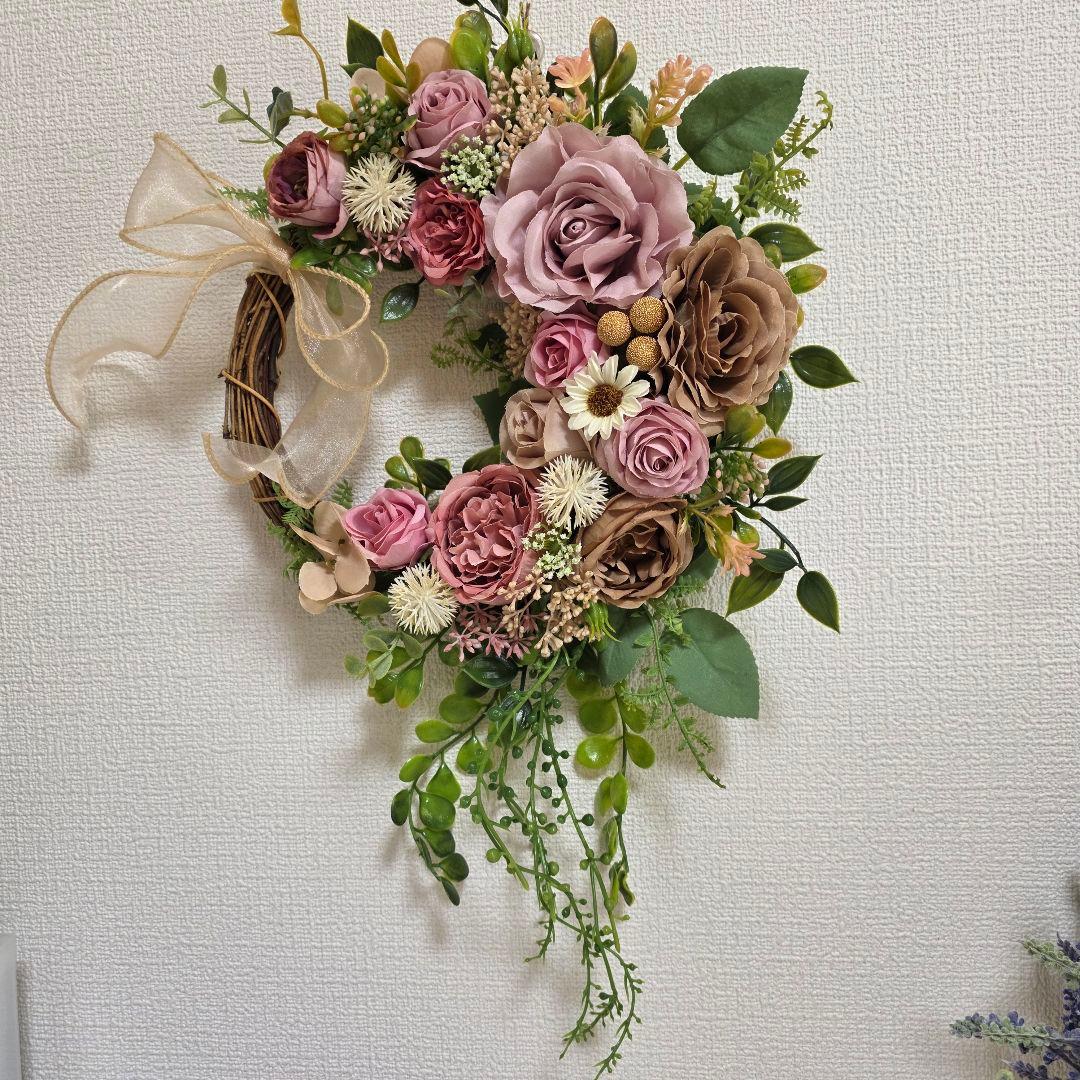 フラワーリース 晩秋9 咲き誇る花たち 玄関リース 造花 くすみカラー