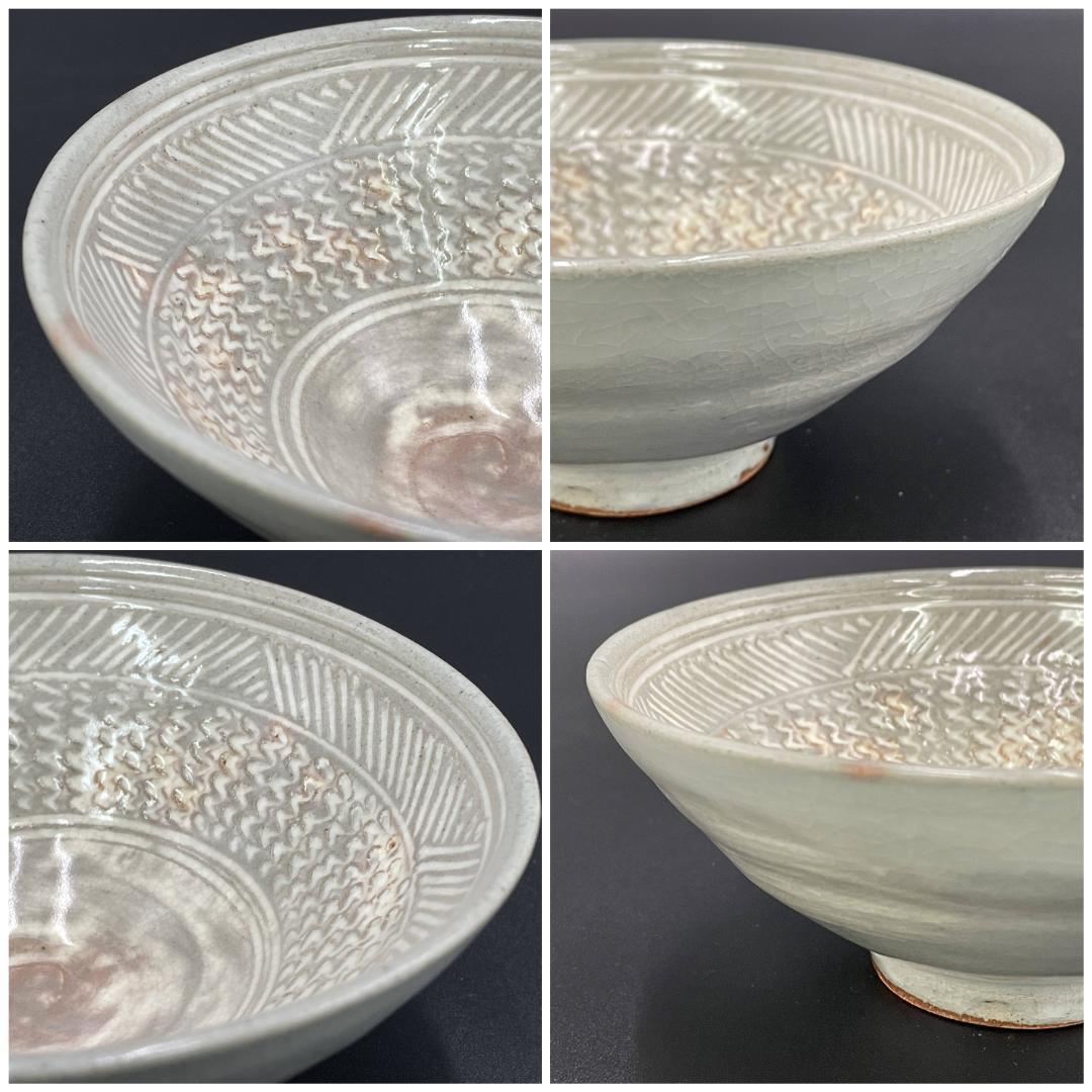 美品 京焼 河合瑞豊 造 三島茶碗 刷毛目 印花 共箱 共布付 R8SA76
