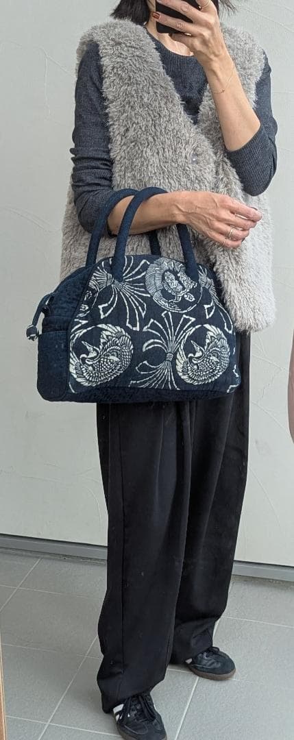 古布 藍染 手作り ハンドバッグ ヴィンテージ 36cm Indigo Blue