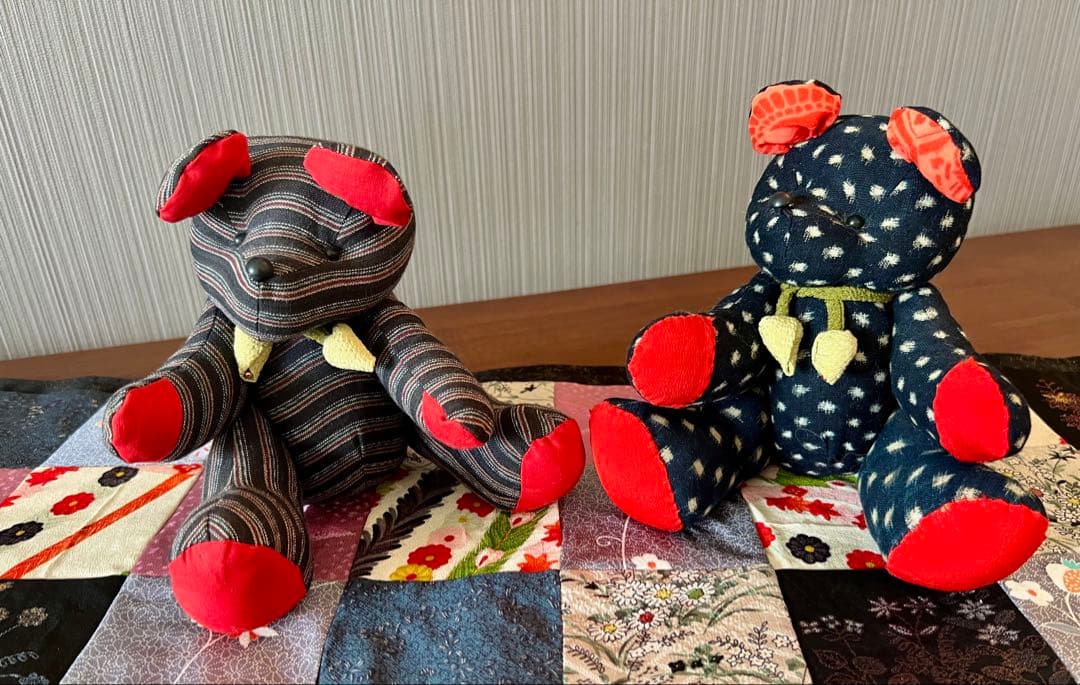 かすり　着物　古布　ゆきんこかすり　和製　和柄　テディベア　クマ　ハンドメイド