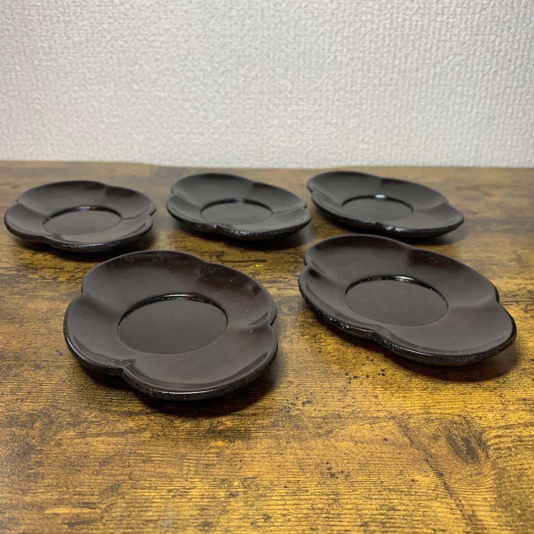E-1 【美品】木製 茶托 5客セット 梅型 くりぬき 漆塗り 茶道具 おもてな