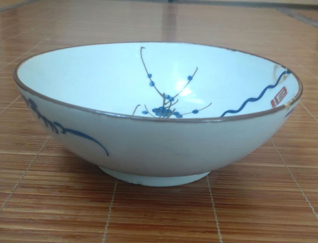 明治期　伊万里焼　染付　深皿　大鉢　中鉢　骨董品　梅松　扇子　富士3個セット
