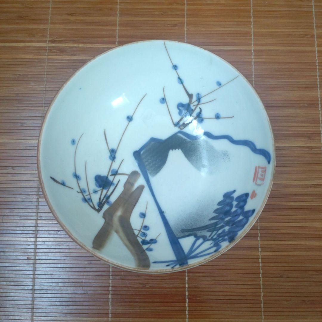 明治期　伊万里焼　染付　深皿　大鉢　中鉢　骨董品　梅松　扇子　富士3個セット