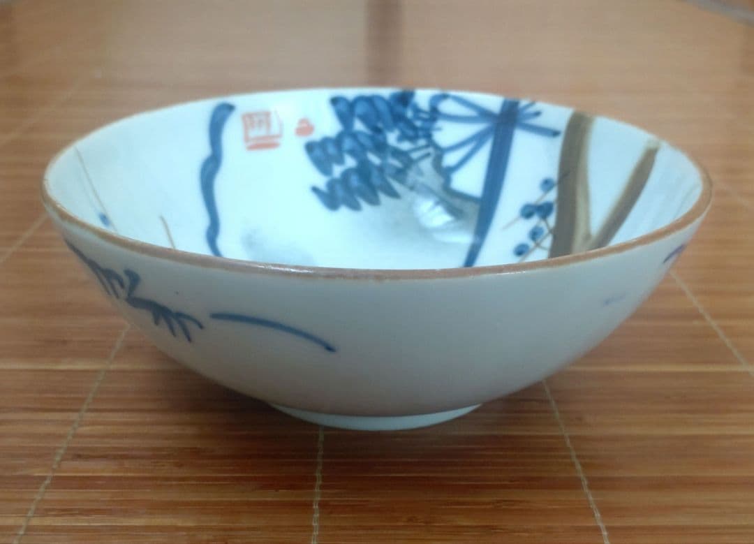 明治期　伊万里焼　染付　深皿　大鉢　中鉢　骨董品　梅松　扇子　富士3個セット