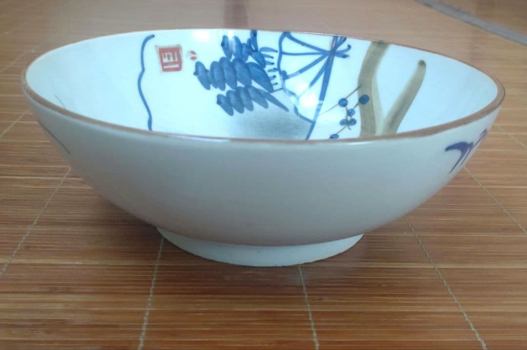明治期　伊万里焼　染付　深皿　大鉢　中鉢　骨董品　梅松　扇子　富士3個セット