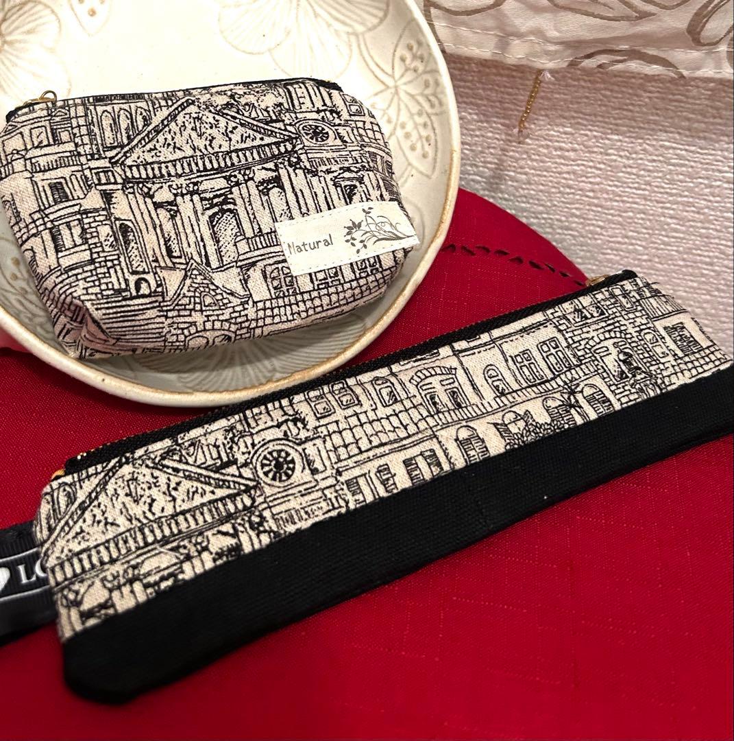 «991»◤完売◢セット北欧調house柄ミニポーチ＆ペンケース*ブラックカラー
