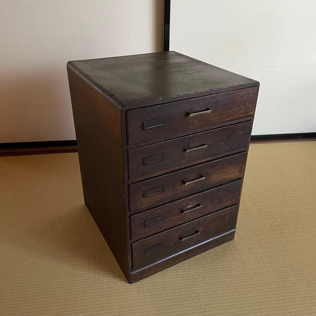 ネームプレート付き楢材5段小引き出し　古道具　古引き出し　昭和アンティーク