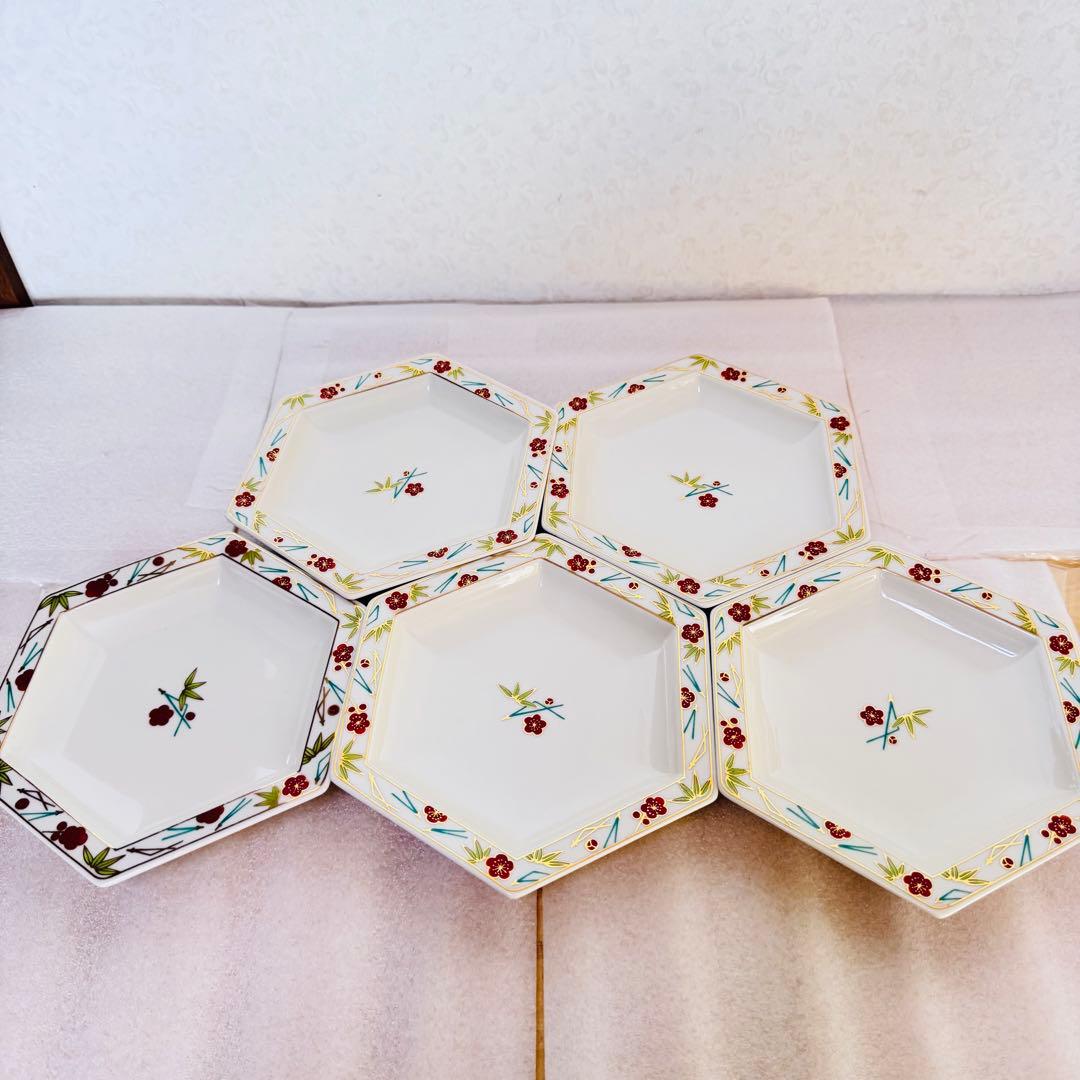 極美品 たち吉 松竹梅 六角皿 5枚 銘々皿 金彩 縁起物 お正月 祝事 伝統美