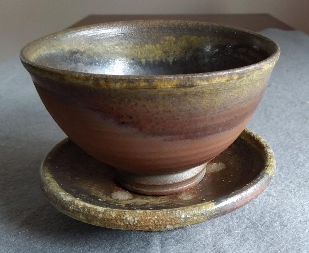 越前焼の名工　白越不朝（塩越窯）自然灰釉究極美逸品　湯呑茶托セット　No:12