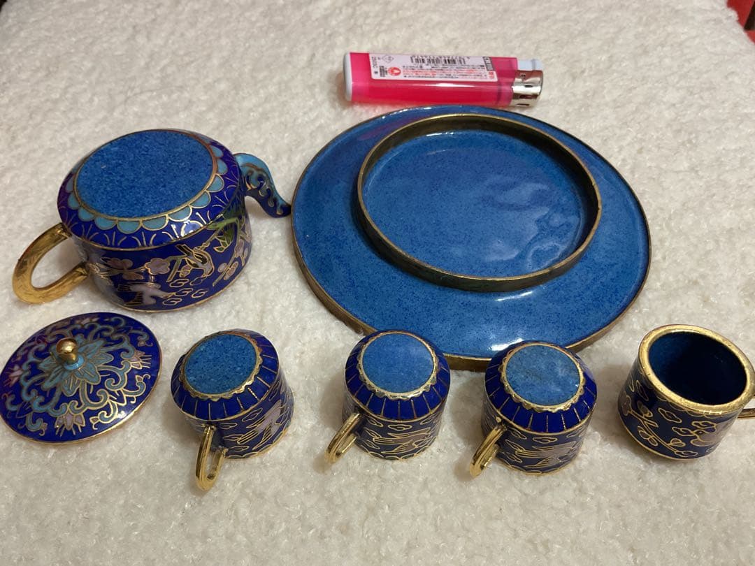 ★未使用　ビンテージ　銅胎景泰藍 中国骨董 手作り 工芸品　ミニチュア茶器セット