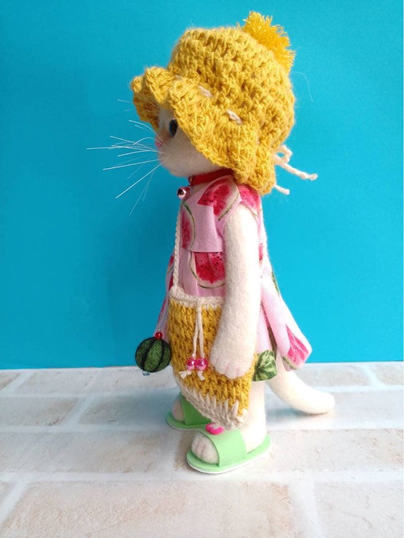 ハンドメイド★羊毛フェルト　夏　スイカ　猫　ネコ