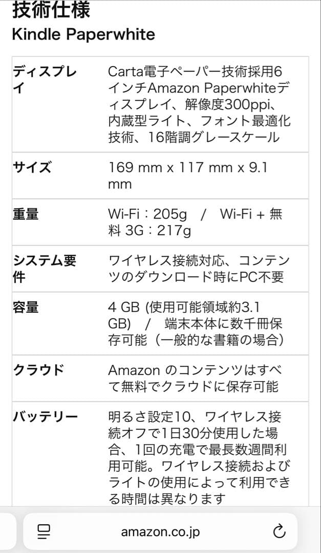 Kindle Paperwhite(第7世代) 4GB 箱、ケーブル付き