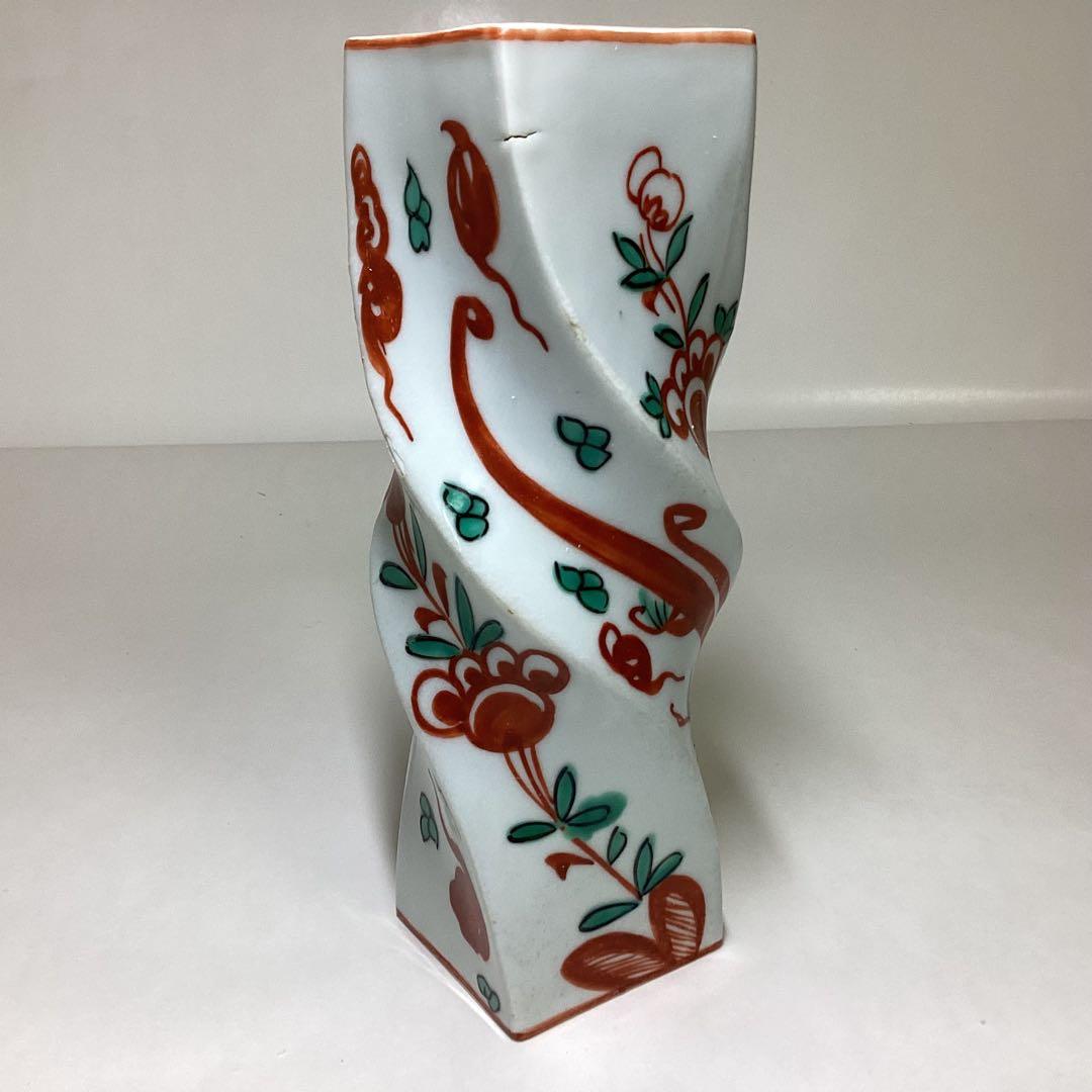 花入 捻花入 角 ひねり 赤絵 竹軒 箱なし 茶道具 古物品