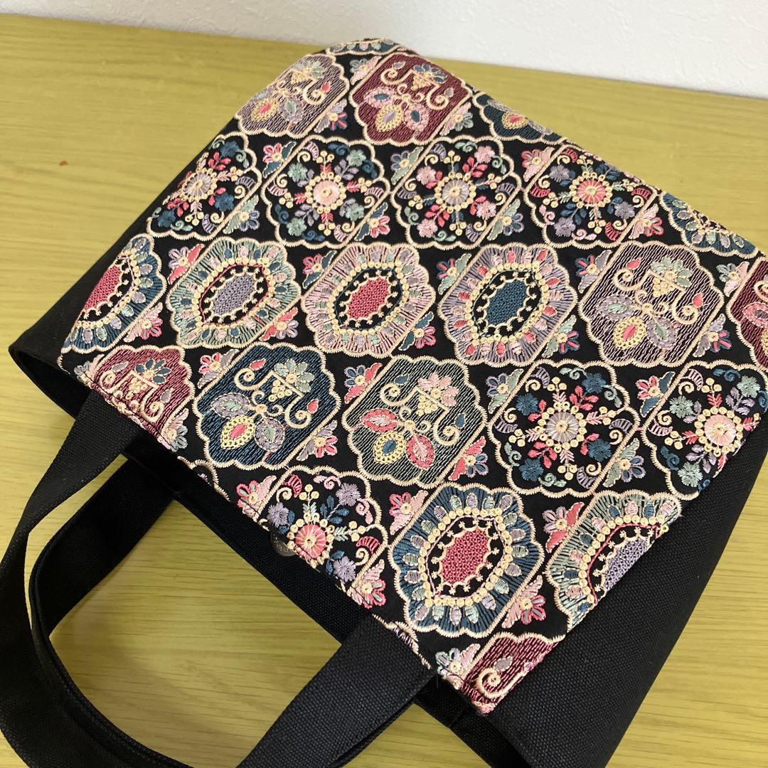 インド刺繍生地　帆布　トートバック　ファスナー　横マチ込37×縦23×マチ13㎝