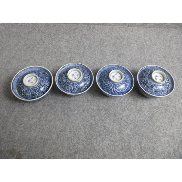 古伊万里太明年製染付蛸唐草蓋茶碗4個 [B28629]
