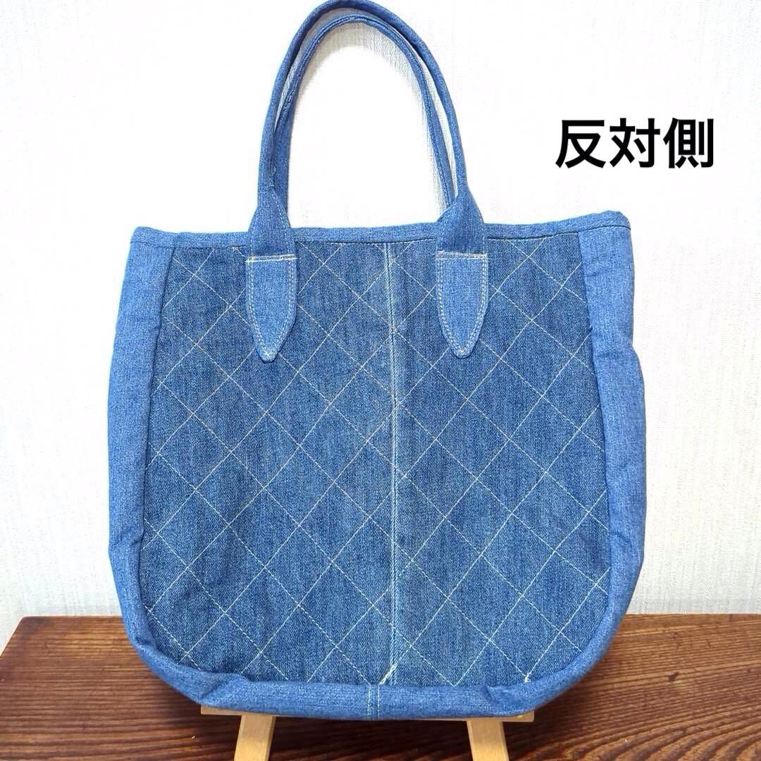 ハンドメイド　リメイク　バッグ　デニム　編み上げデザイン　トートバッグ　ポーチ付
